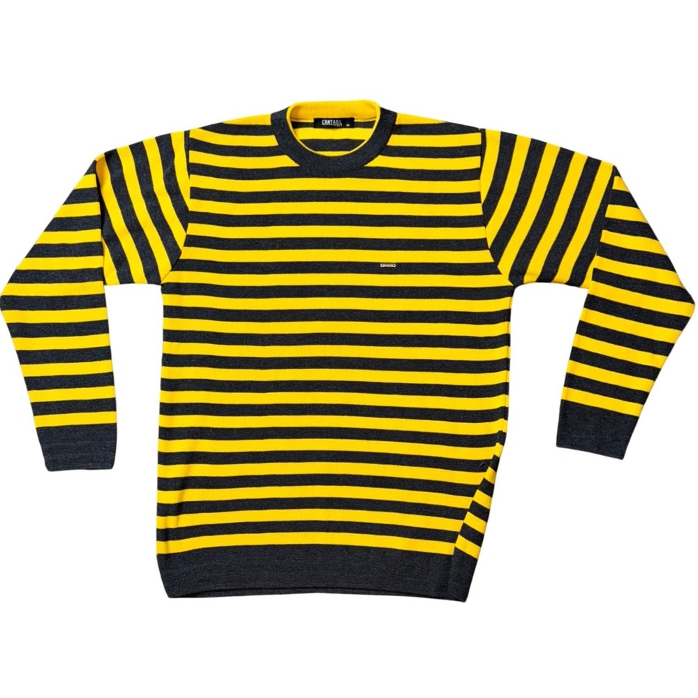 Cantabil Italy Mens Striped Crew Neck Sweater Yellow Charcoal Grey Size 42 L